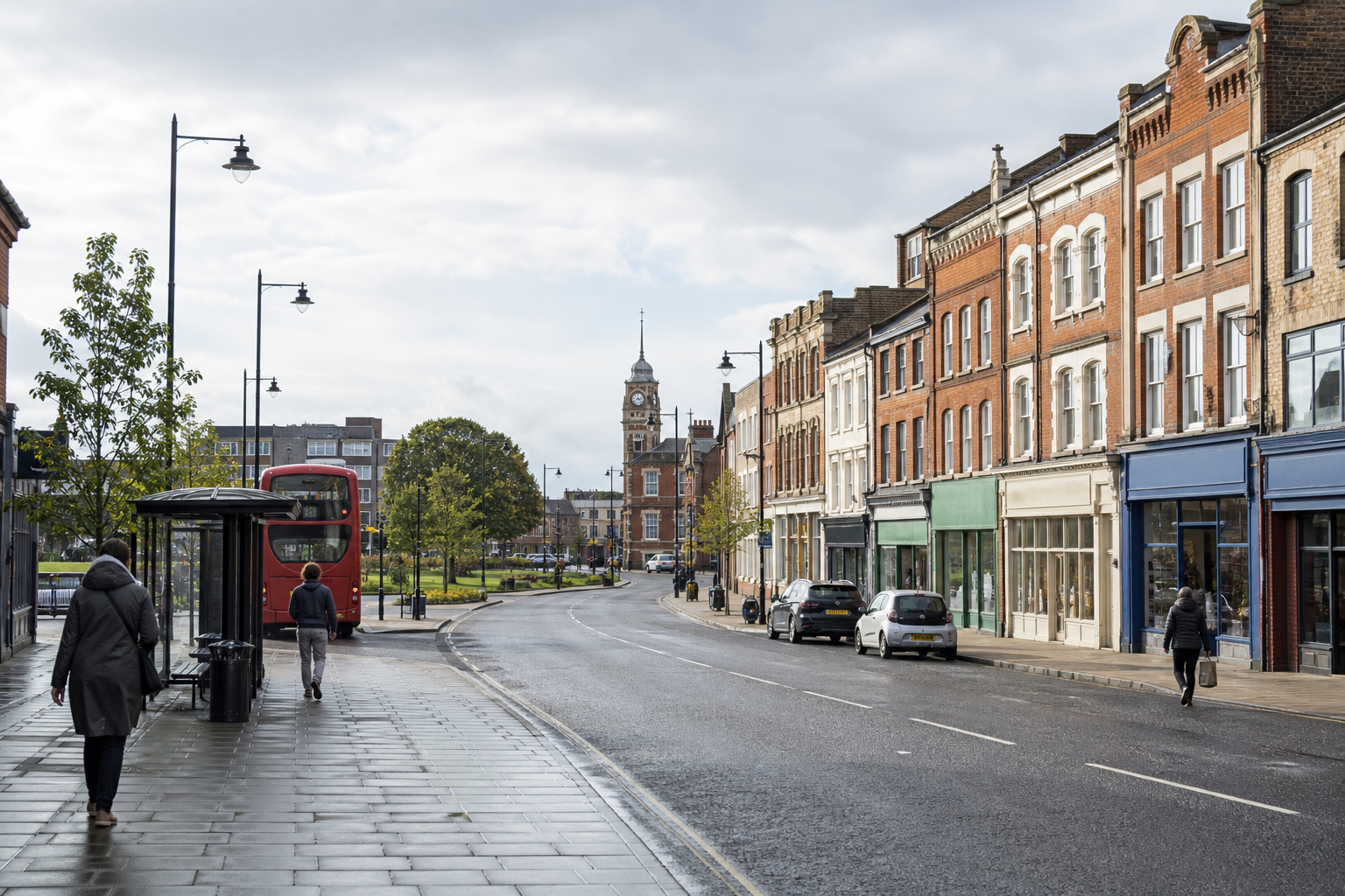 A red double-decker bus approaches a quaint British high street, lined with brick buildings and a clock tower in the distance.