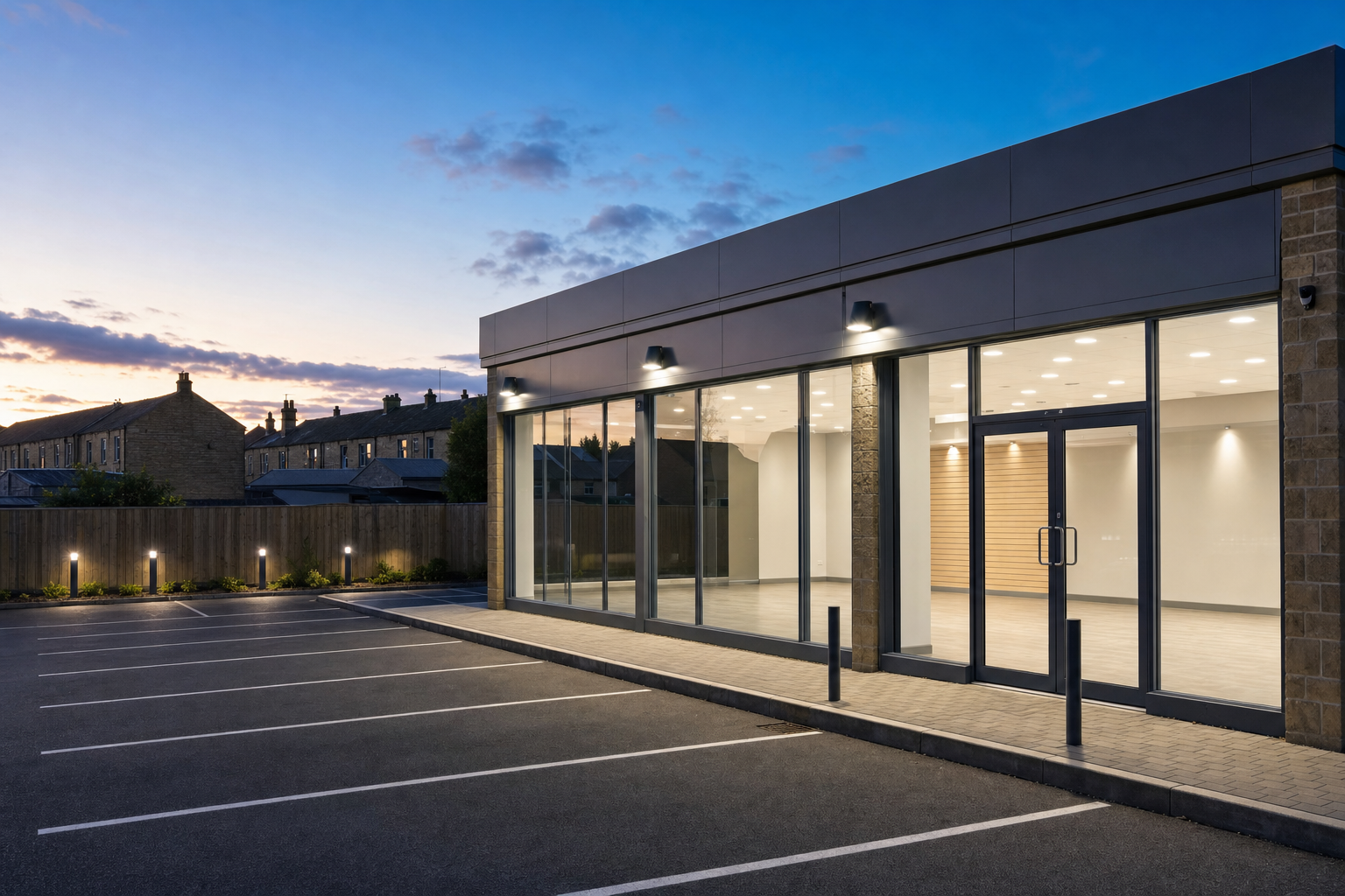 A modern, empty commercial building with large glass windows is illuminated at dusk, next to an empty car park.