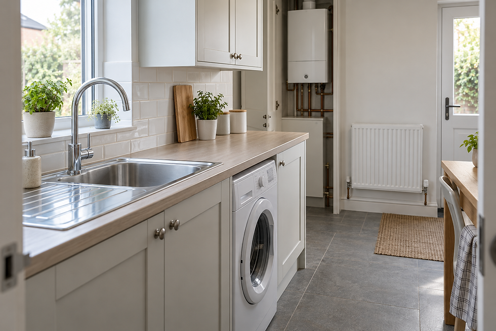 Modern kitchen with a stainless steel sink and washing machine, featuring light wood cabinetry and potted herbs by the