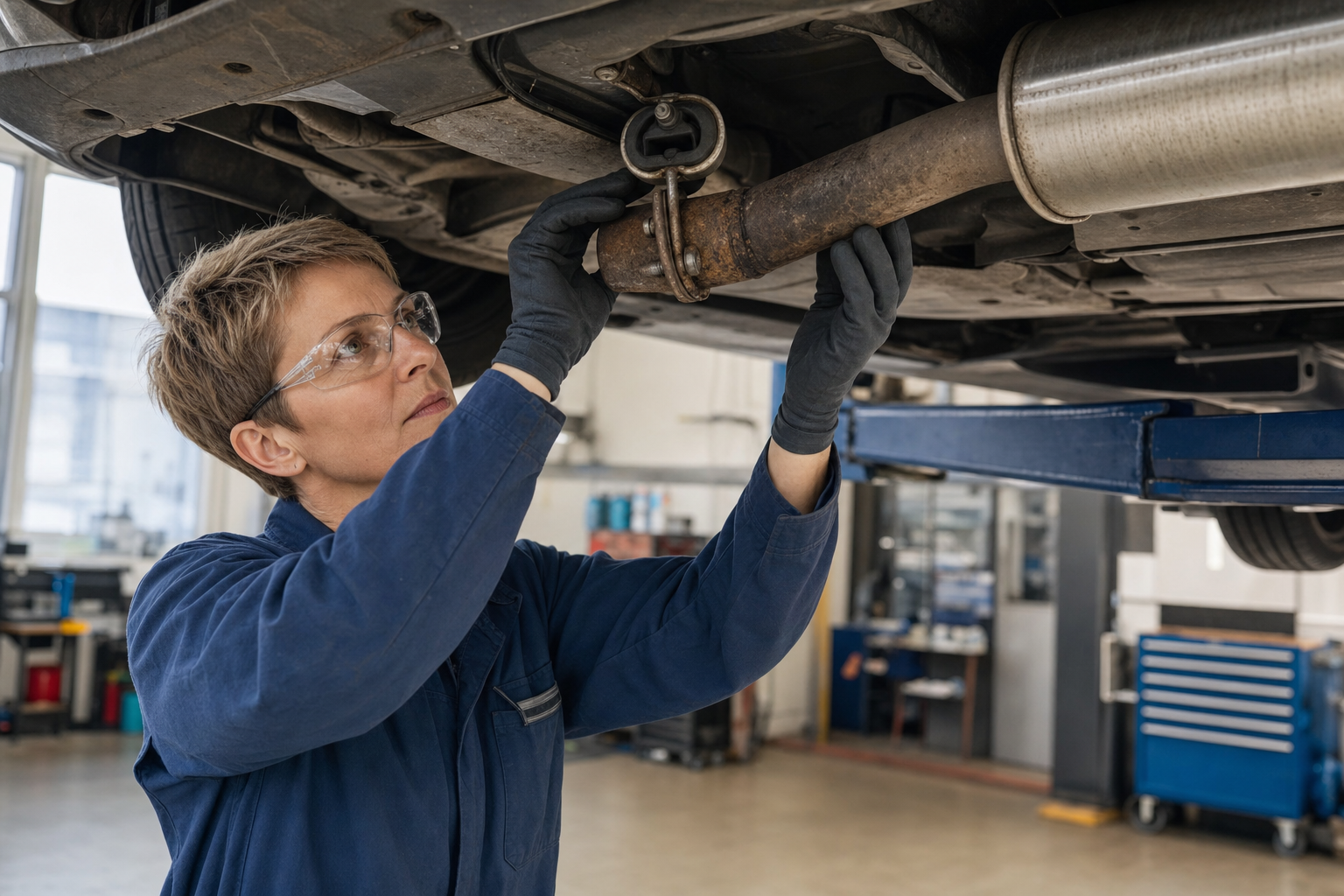 Mechanic in safety glasses and gloves inspects the underside of a raised vehicle in a garage.