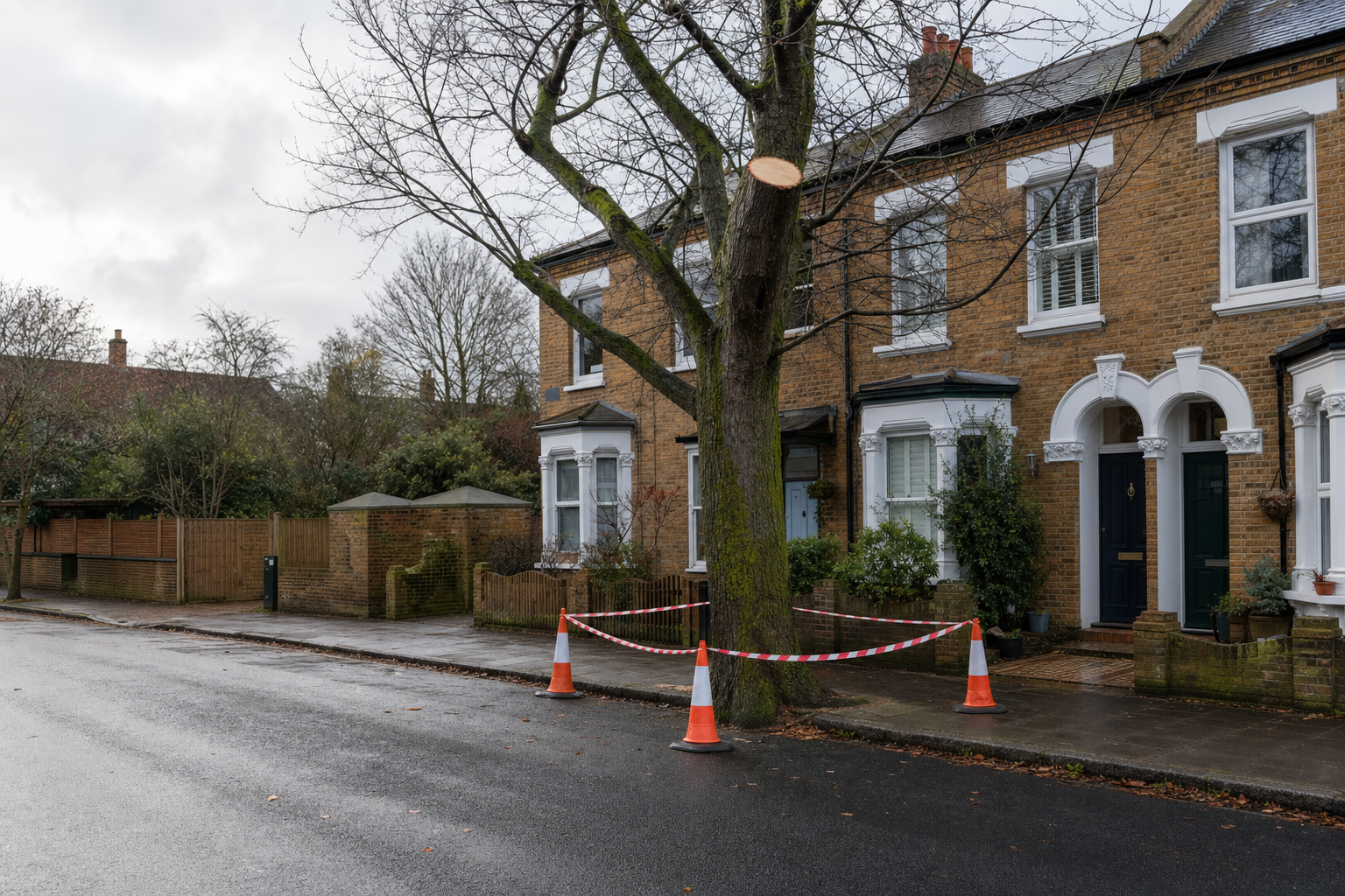 Tree with a freshly cut branch outside terraced houses, marked off with traffic cones and red-and-white tape.
