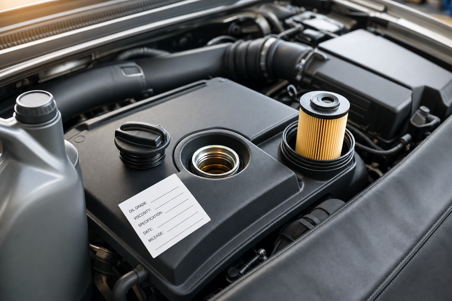 Car engine with an open oil cap, a new oil filter, and a container, ready for an oil change.