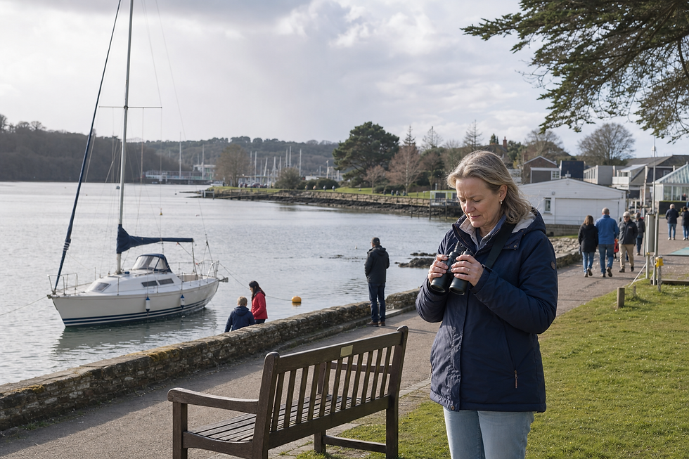 A woman looking at her camera by a riverside path with a moored sailboat and people walking in the background.