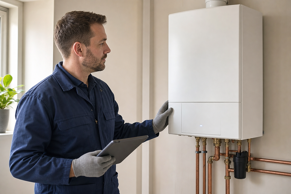 Engineer in a blue jumpsuit examines a wall-mounted boiler with a tablet in hand.