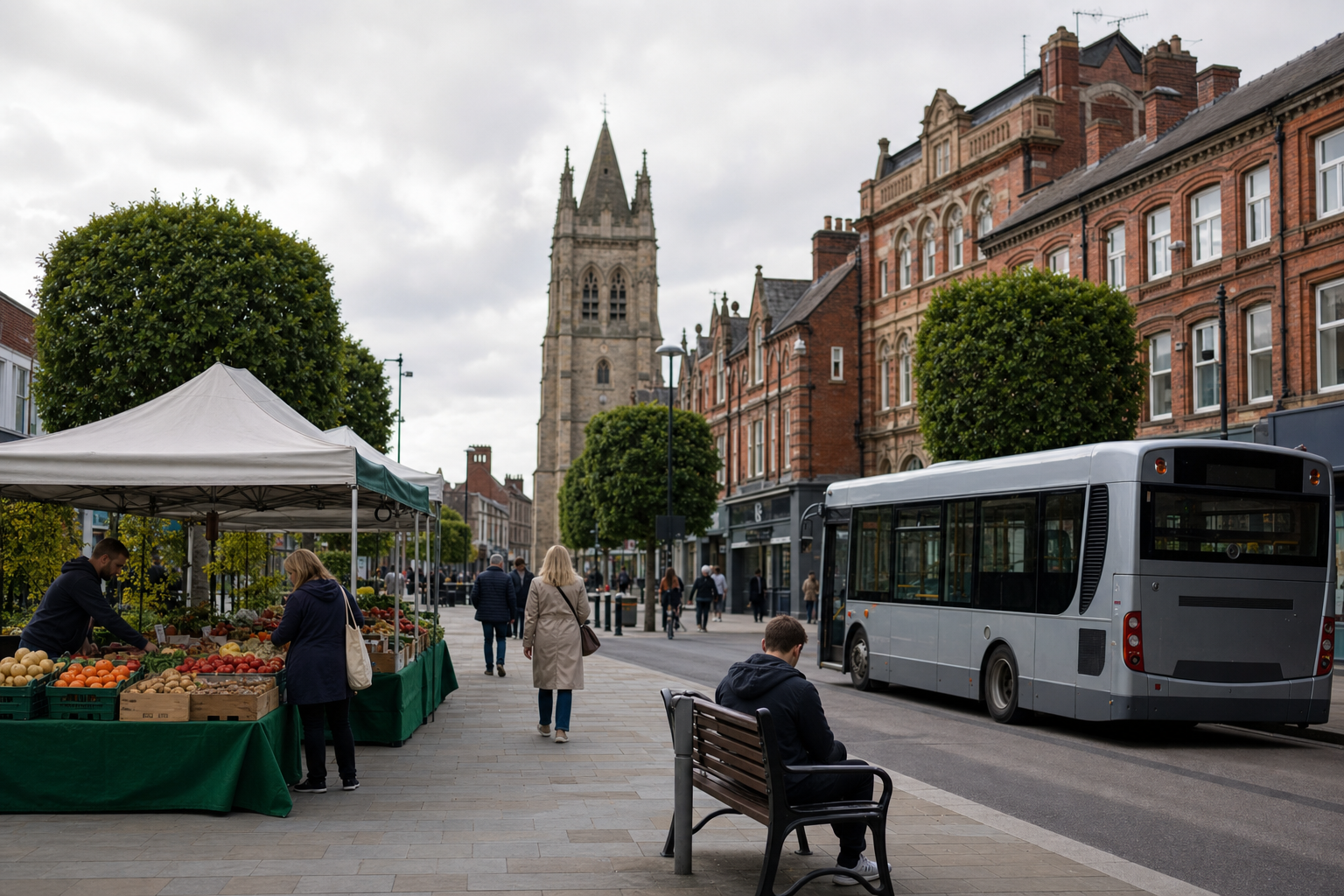 Outdoor market stalls and a bus on a street with historic buildings and a church tower in the background.