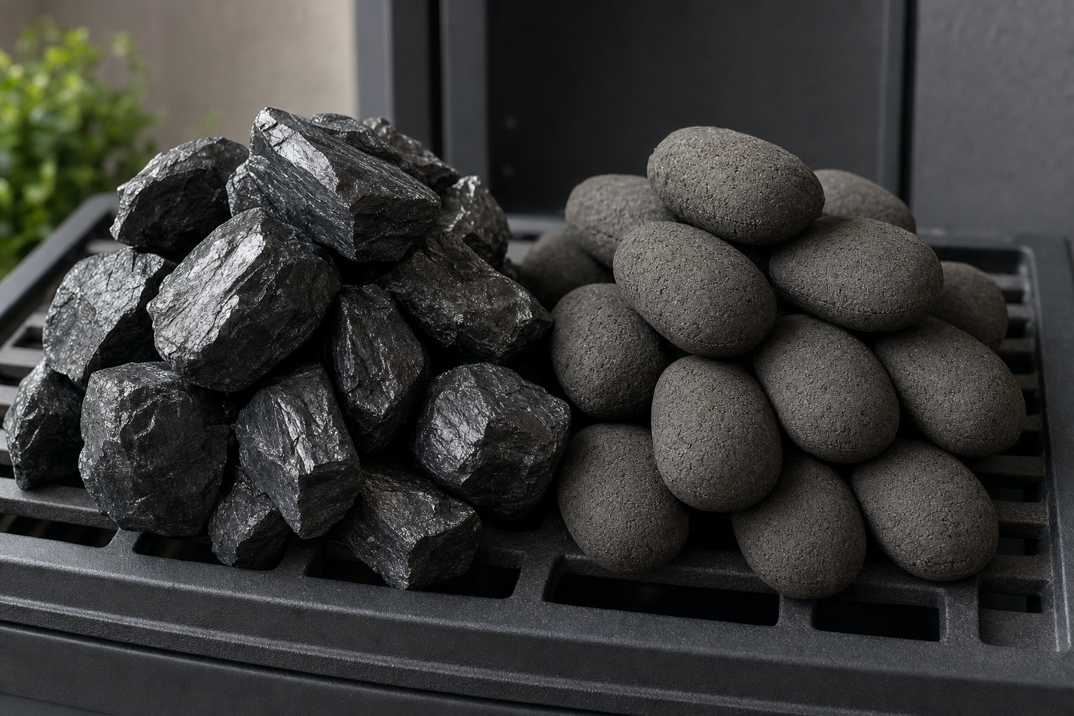 A pile of charcoal briquettes next to a pile of synthetic charcoal stones on a grill.