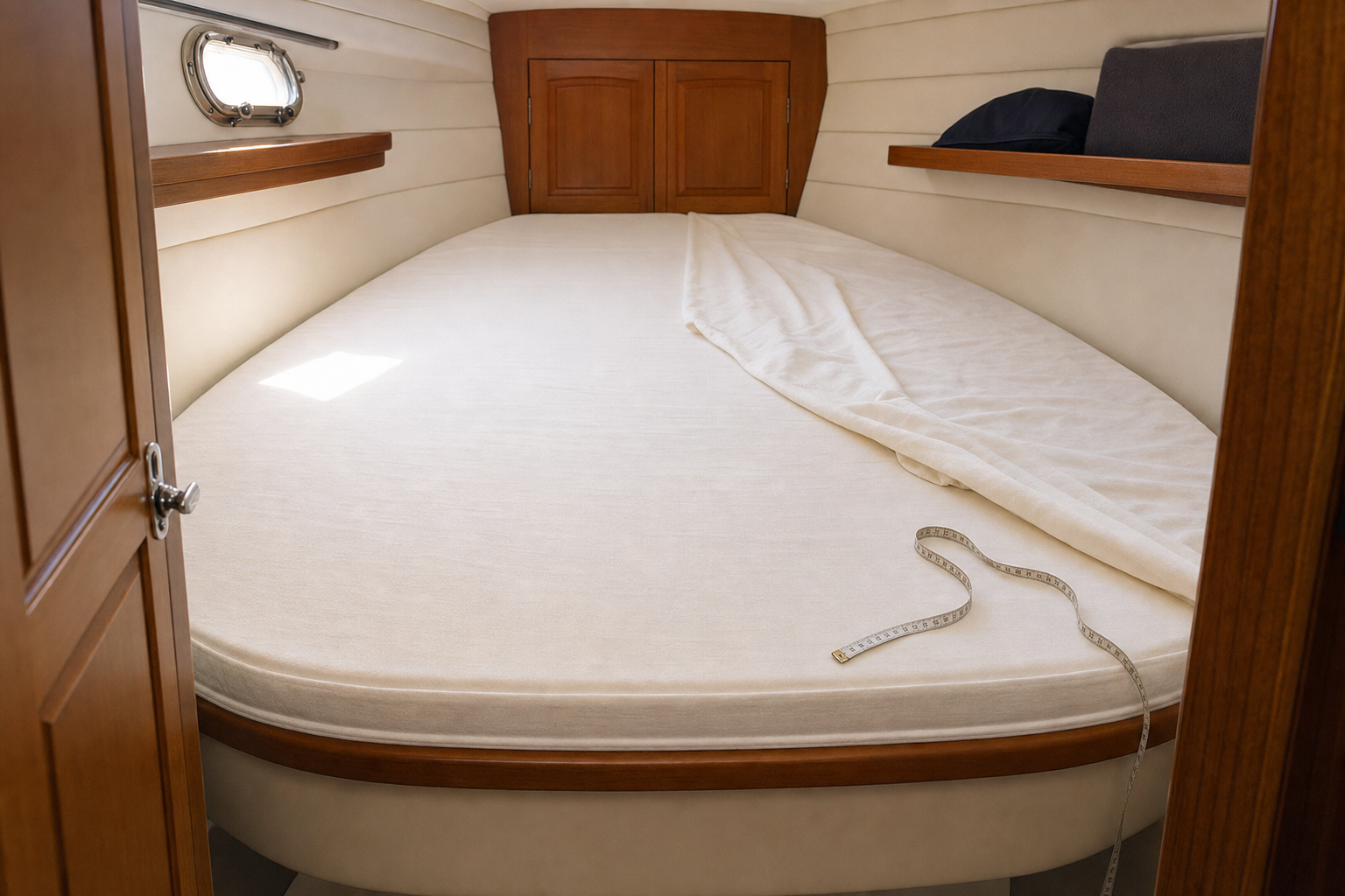 A spacious cabin bed with a white sheet and a measuring tape on it, surrounded by wooden shelves and walls.