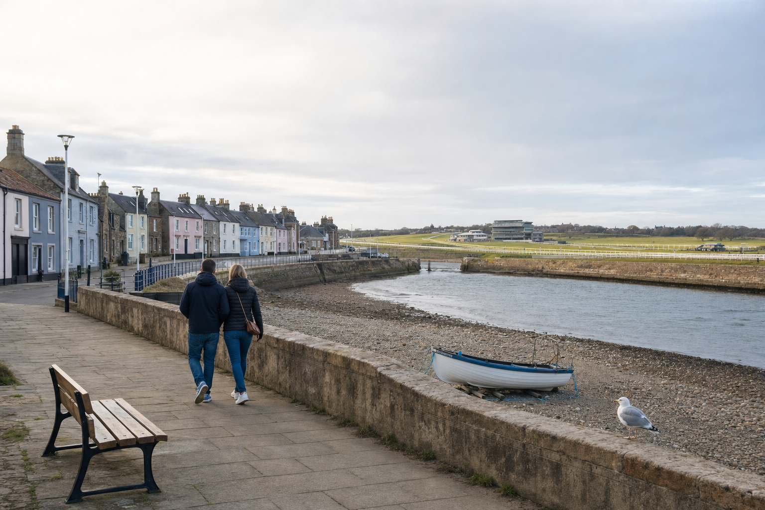 A couple walking along a riverside path lined with colourful houses, with a small boat and a seagull by the shore.