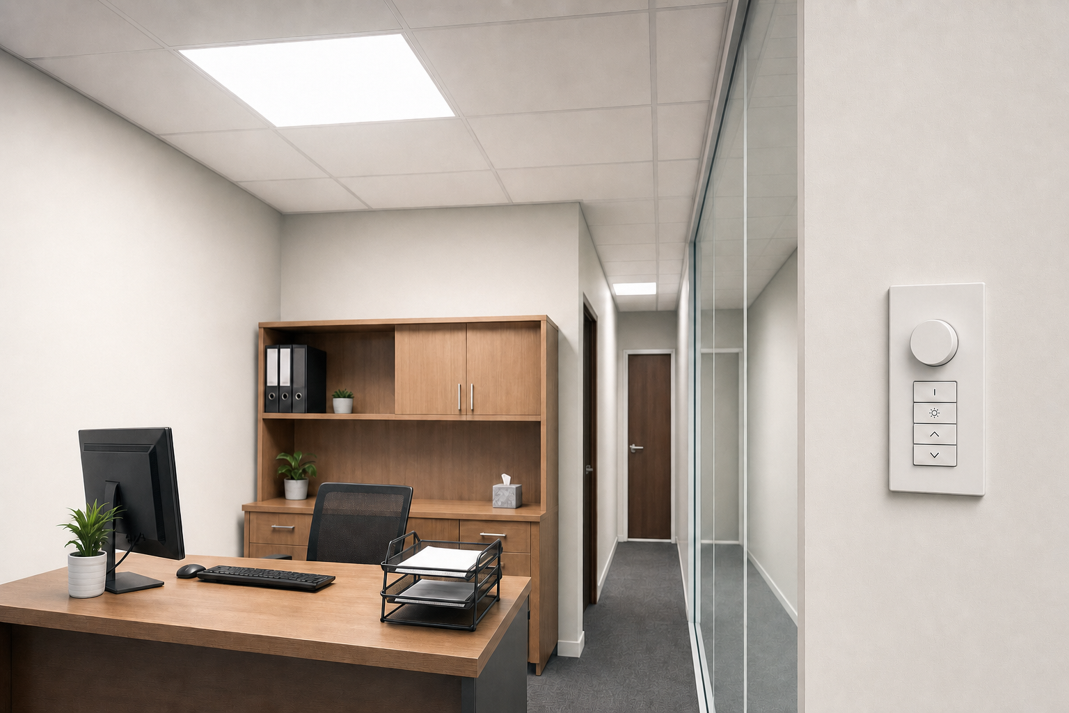 Modern office interior with a wooden desk, computer, and a shelving unit featuring plants and files.