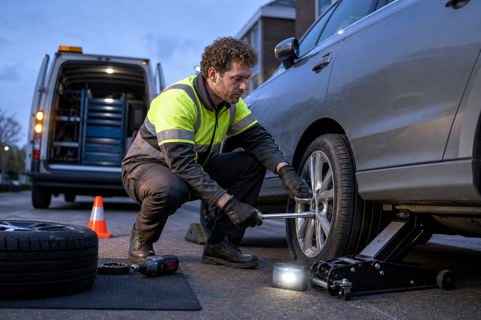 A mechanic changes a car tyre using tools beside a van at dusk.