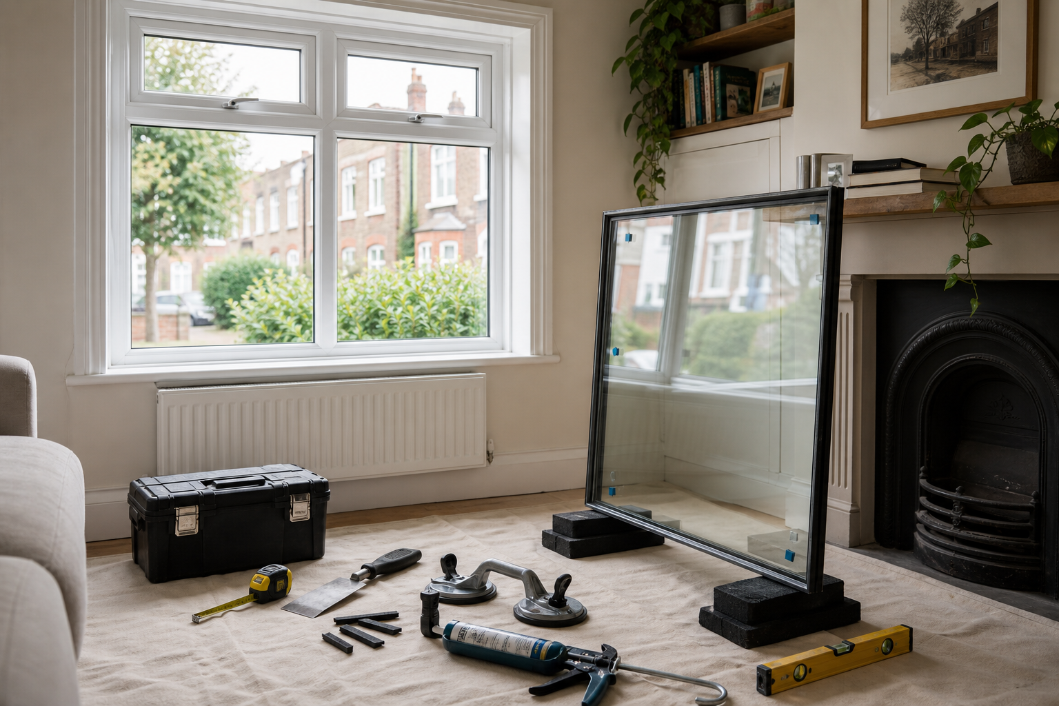 Living room setup for window installation with tools and a glass pane.