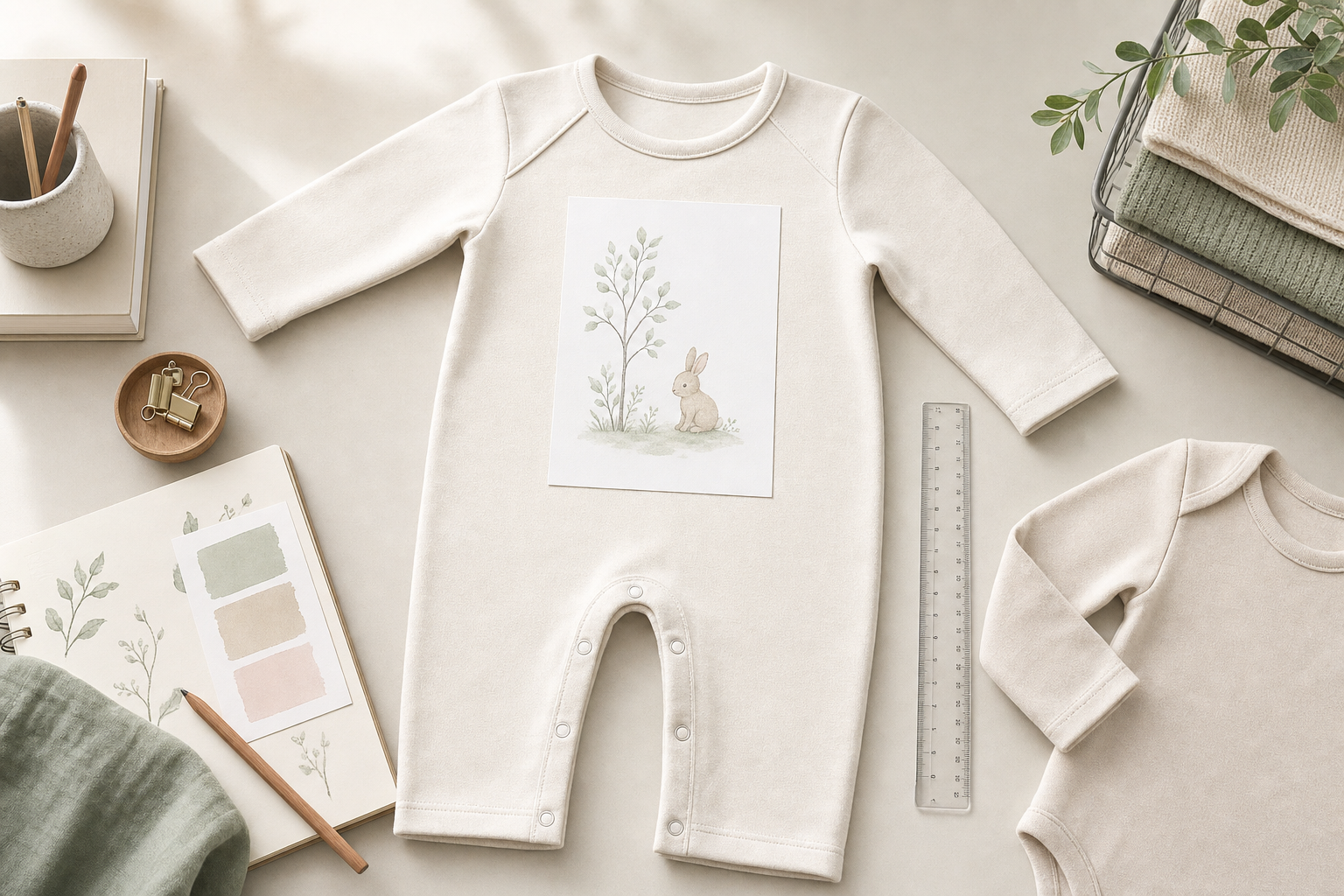 Cream baby sleepsuit with a rabbit illustration, surrounded by stationery, colour swatches, and a folded blanket.