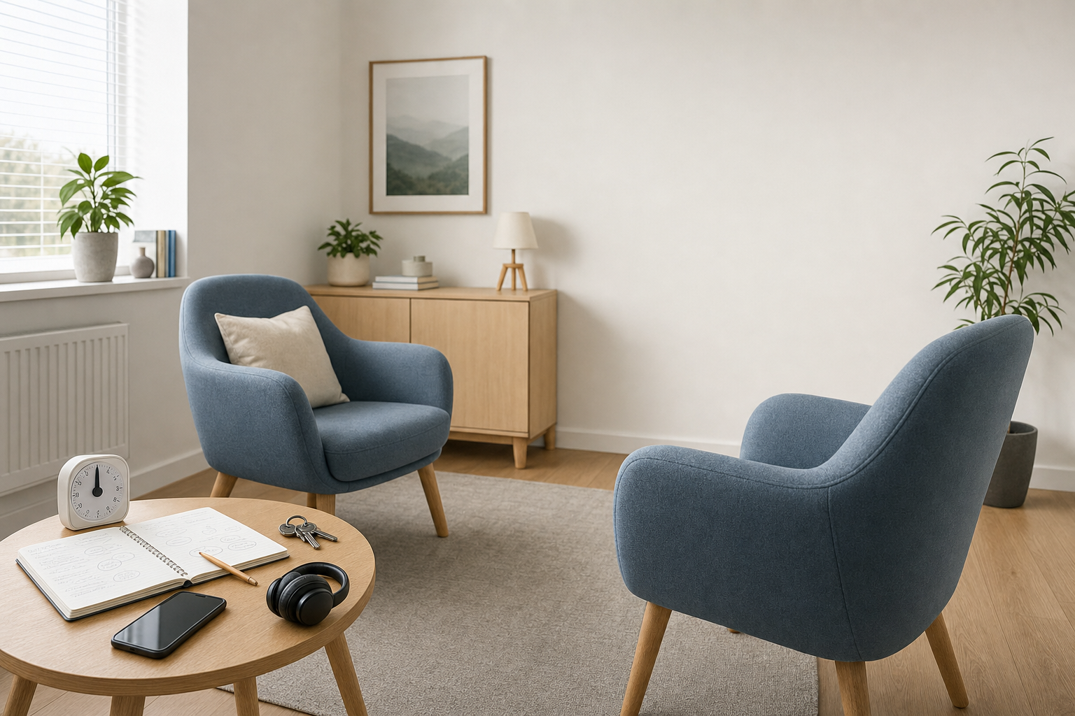 Two blue armchairs face each other in a minimalist room with plants and a wooden sideboard.