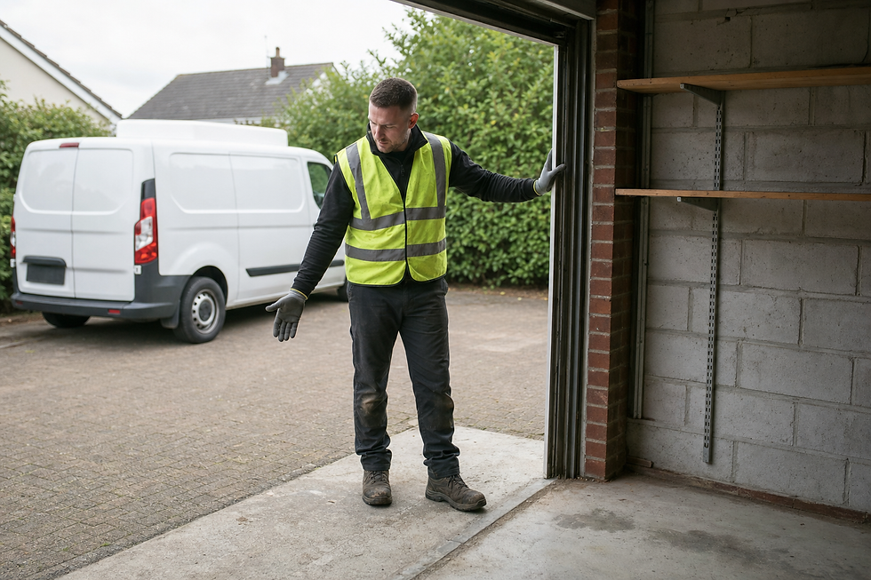 A man in a hi-vis vest stands at an open garage door, with a white van parked outside.