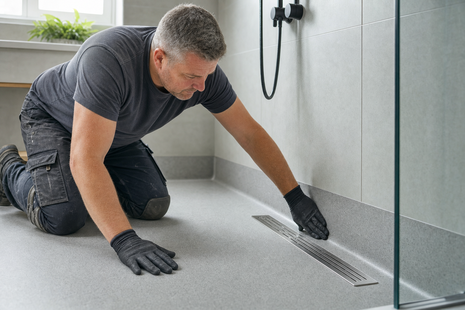A man wearing gloves installs a linear drain on a grey bathroom floor, kneeling by the shower area.