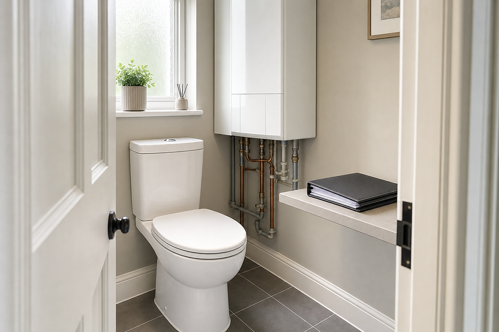 Modern bathroom with a white toilet, compact boiler, and a windowsill plant providing a bright, clean look.