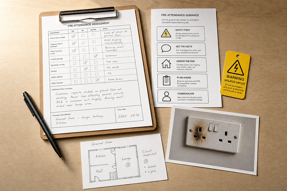 A pre-attendance assessment form, guidance sheet, warning tag, floor plan, and burnt socket photograph on a wooden surface.