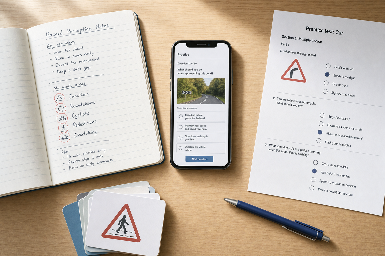 Driving test study setup with notes, flashcards, a smartphone app, and a practice test on a wooden desk.