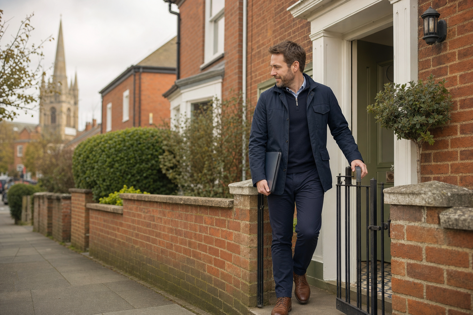A man holding a file folder exits a red brick house, with a church spire visible in the background.