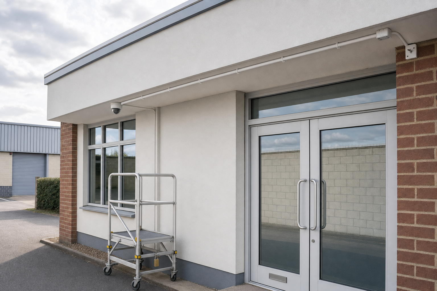 Industrial building entrance with a glass door, security camera, and metal step ladder on wheels.