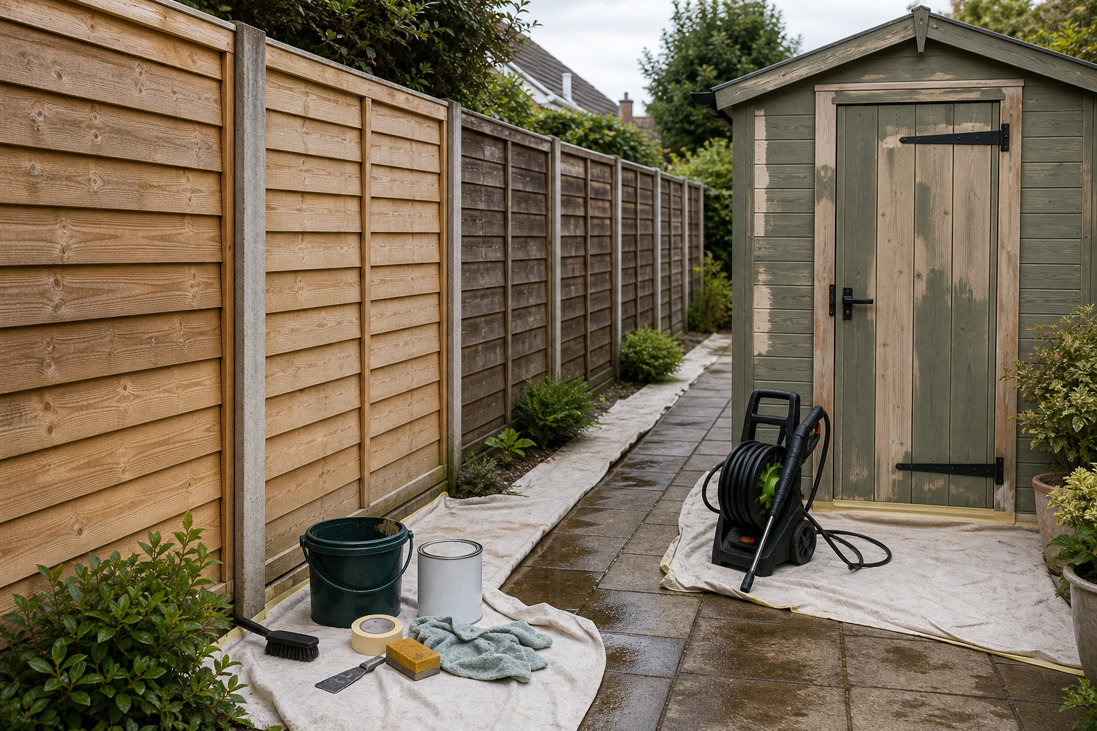 Garden shed and fence being prepared for painting with tools and materials laid out nearby.