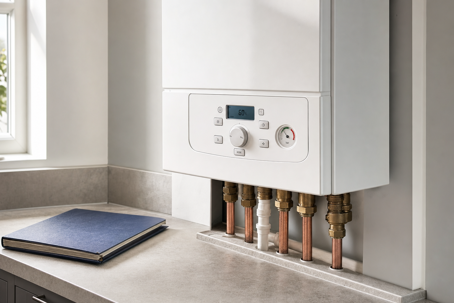 A modern white boiler with copper pipes is installed on a kitchen counter beside a blue folder.