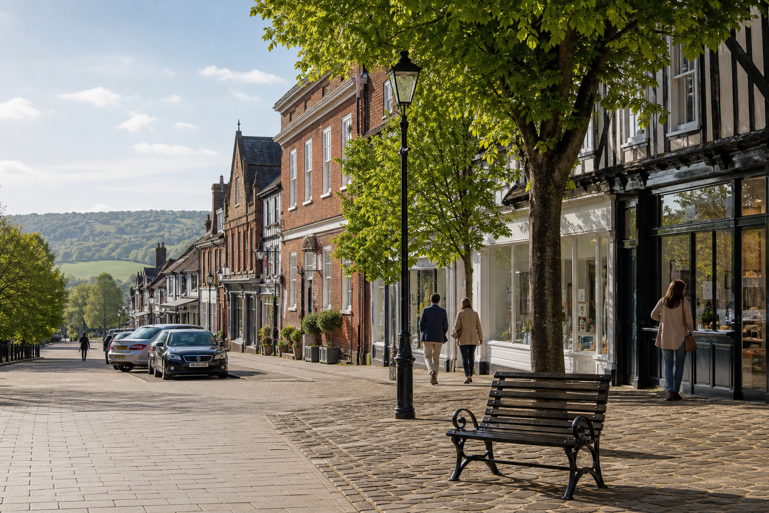 A scenic high street lined with trees and shops in a quaint village, featuring parked cars and pedestrians.