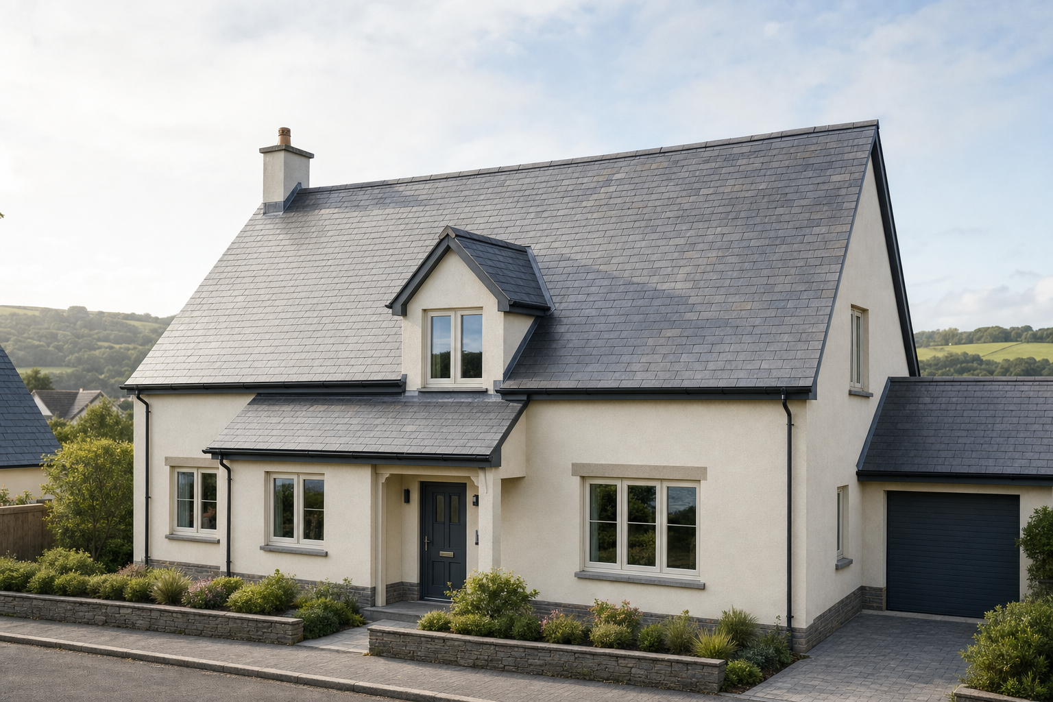 A modern detached house with grey roof tiles, double garage, and a tidy front garden on a quiet suburban street.