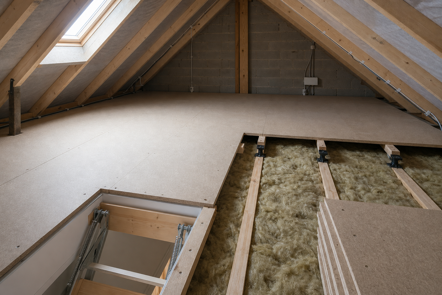 Attic with exposed insulation and partly installed floorboards under a skylight.