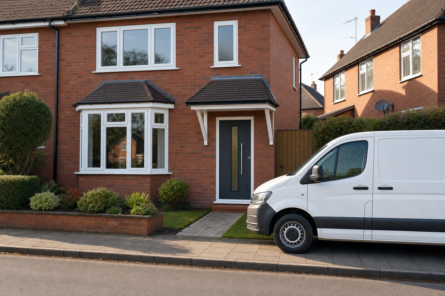 A white van parked outside a red-brick semi-detached house with a neatly trimmed front garden.