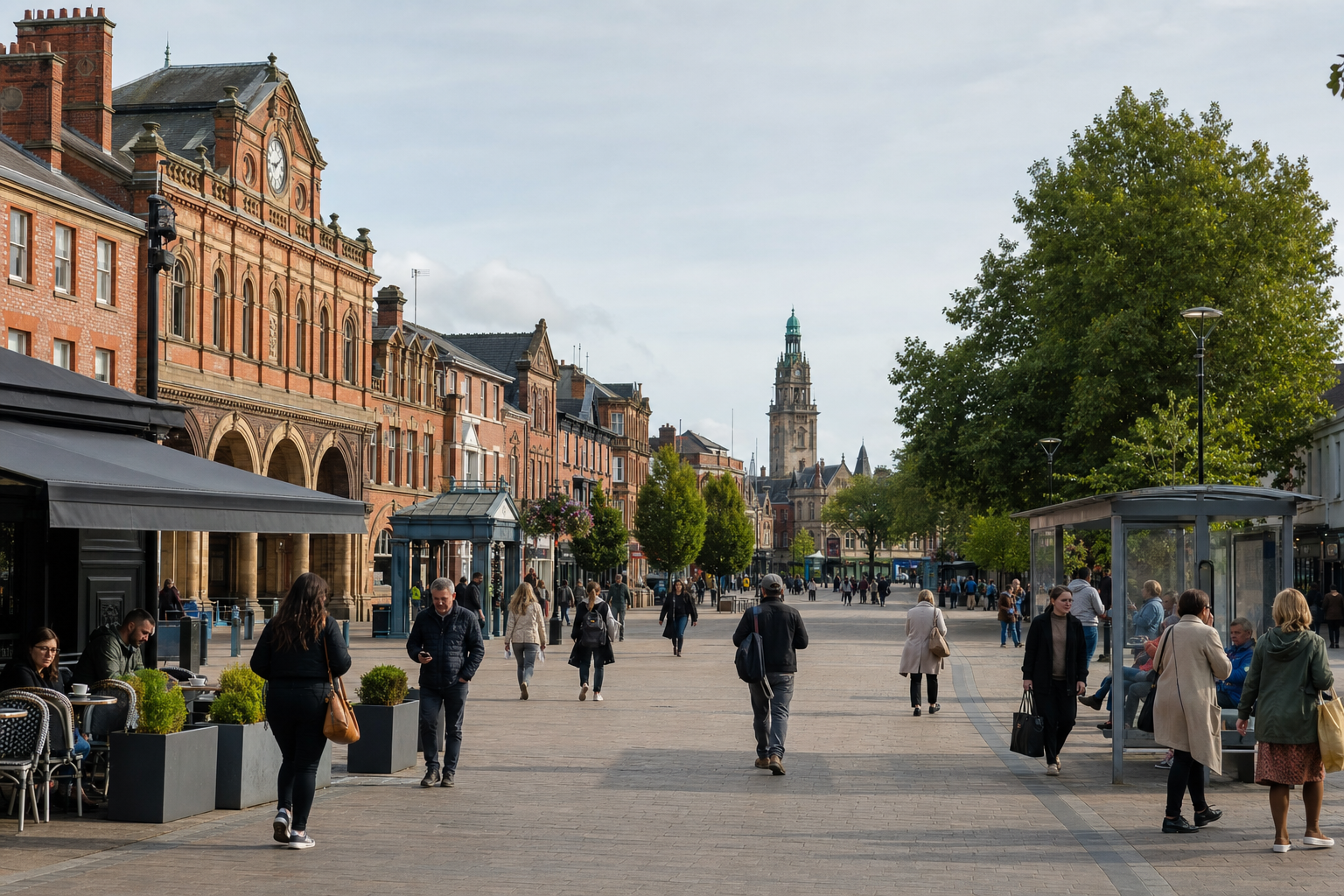 People walking along a busy pedestrian street lined with historic buildings under a clear sky.