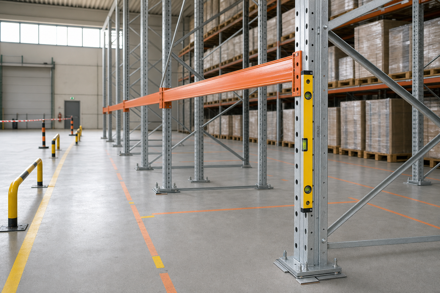 Warehouse shelving under construction with a spirit level affixed to a metal beam.