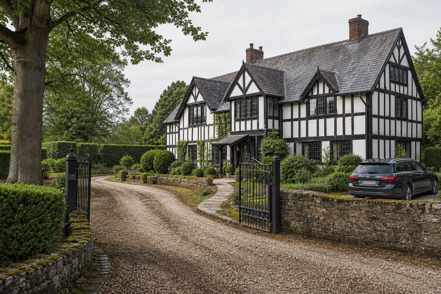 Tudor-style house with a gravel driveway, surrounded by lush greenery and a parked car by the side entrance.