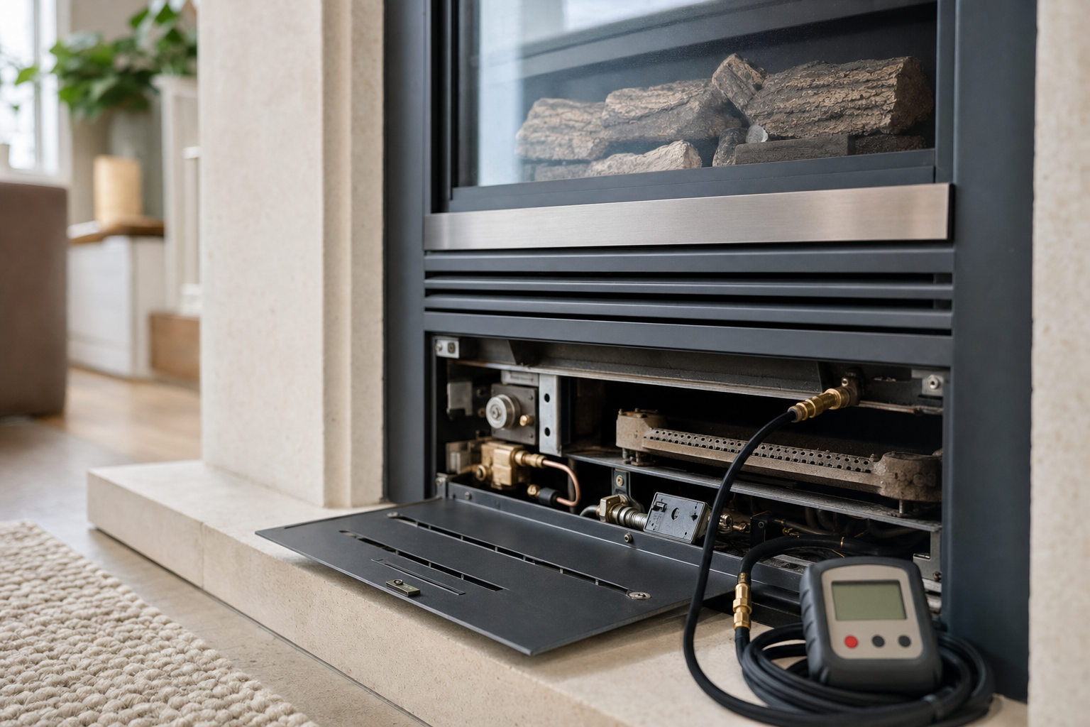 Gas fireplace with an open panel revealing internal components and a connected diagnostic tool in a modern living room.