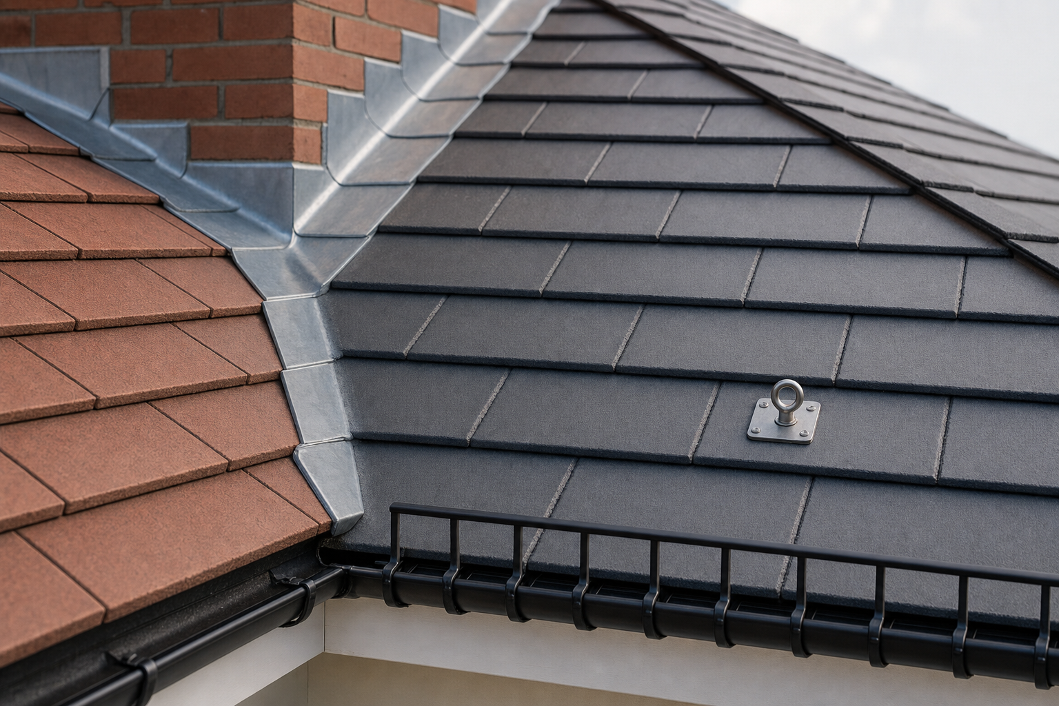 A slate and red tile roof with a brick chimney and metal flashing.
