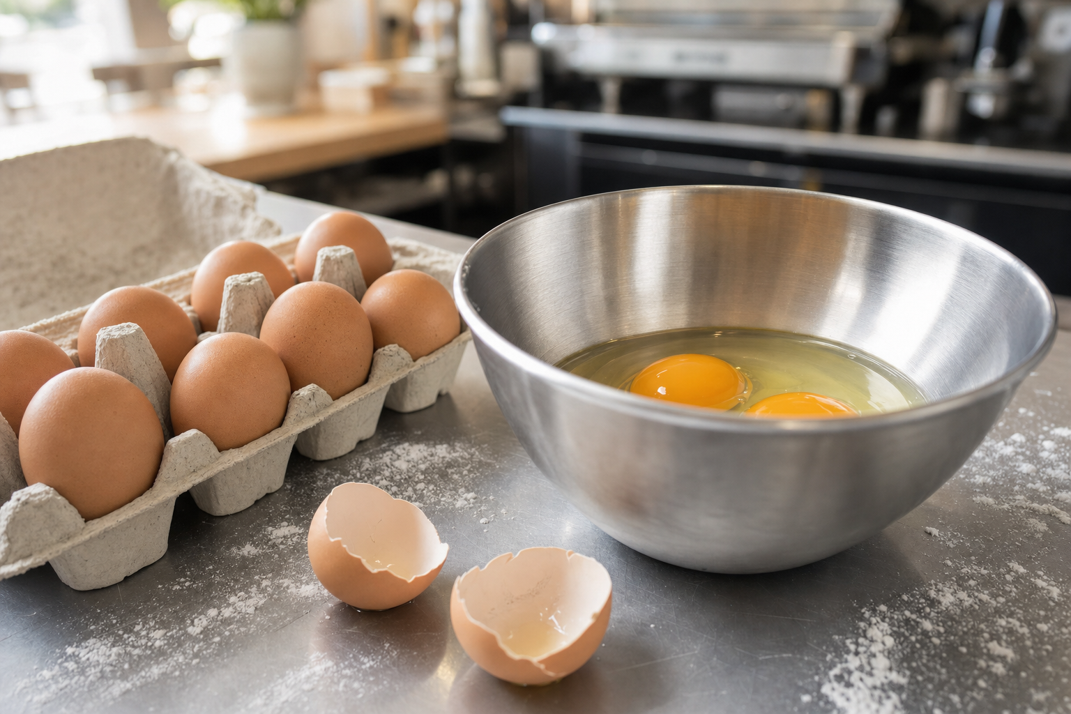 A metal bowl with cracked eggs next to a carton of eggs and broken shells on a flour-dusted kitchen counter.