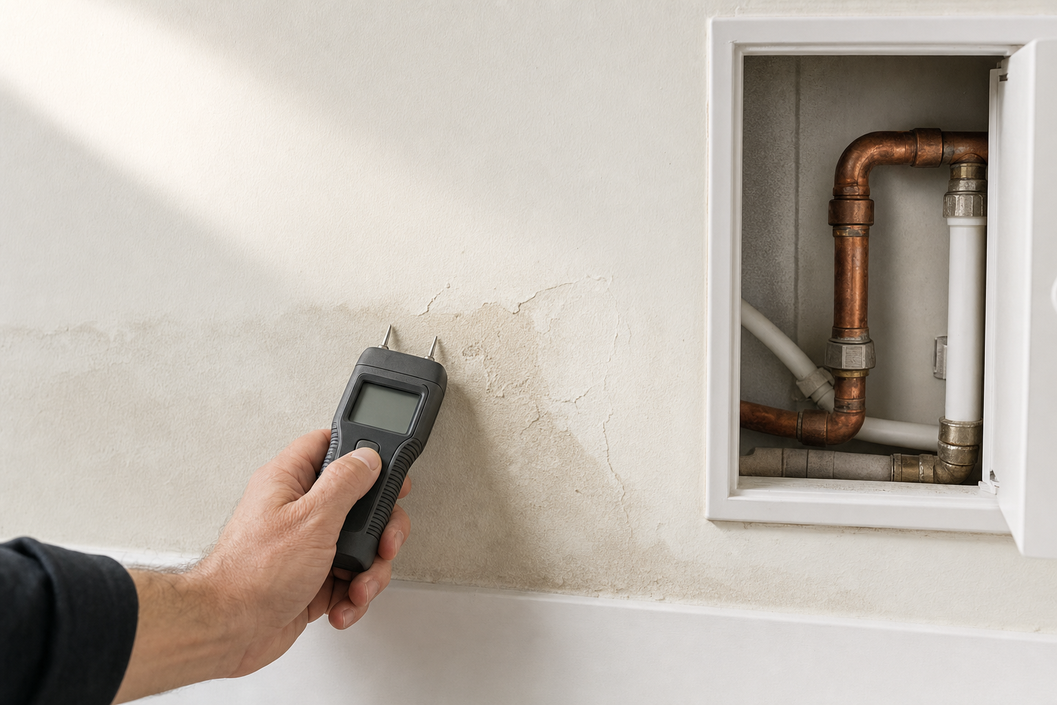 Hand holding a moisture meter against a damp, discoloured wall next to an open panel showing exposed pipes.