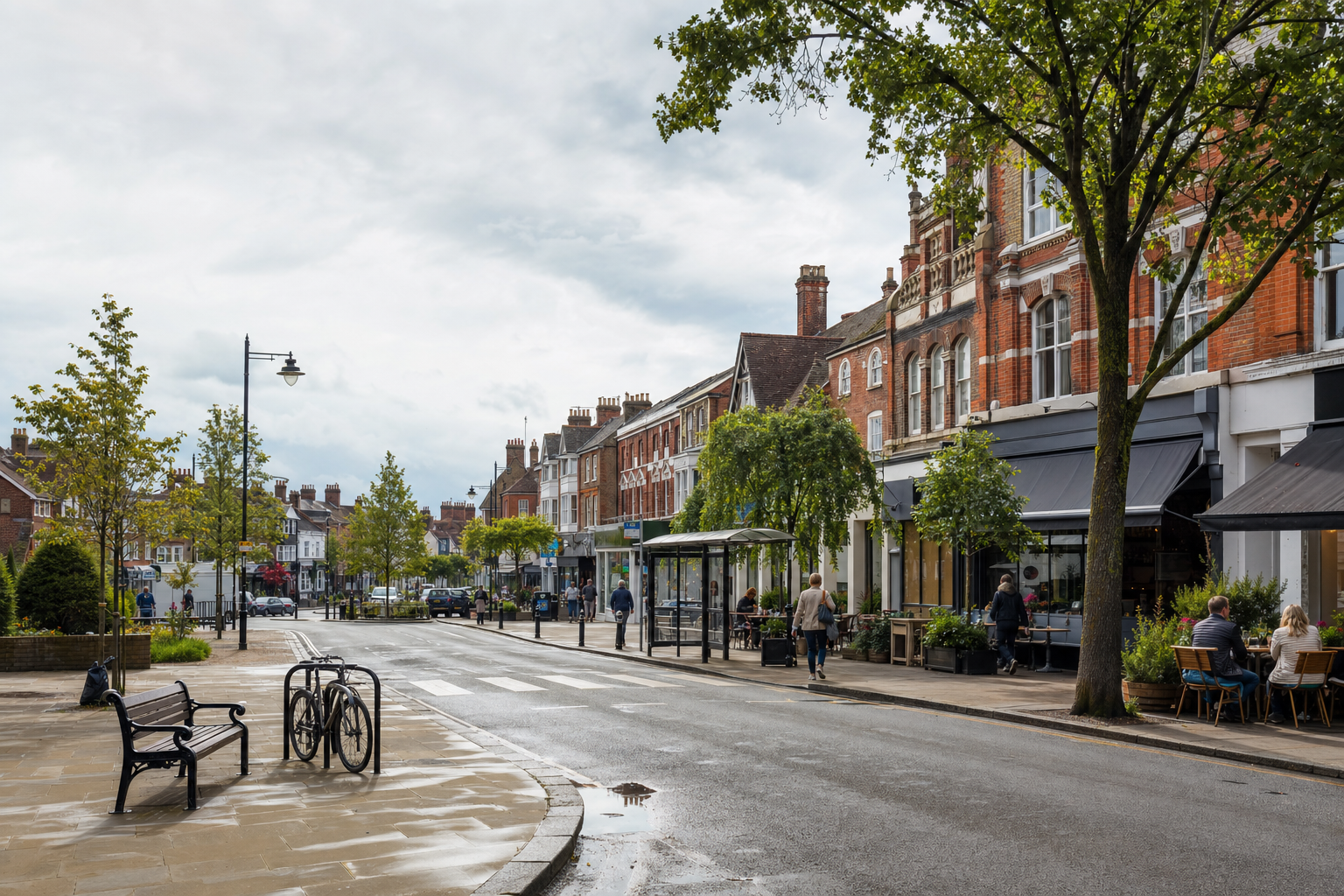 Tree-lined street with red brick buildings, outdoor diners, and parked bicycles, under a cloudy sky.