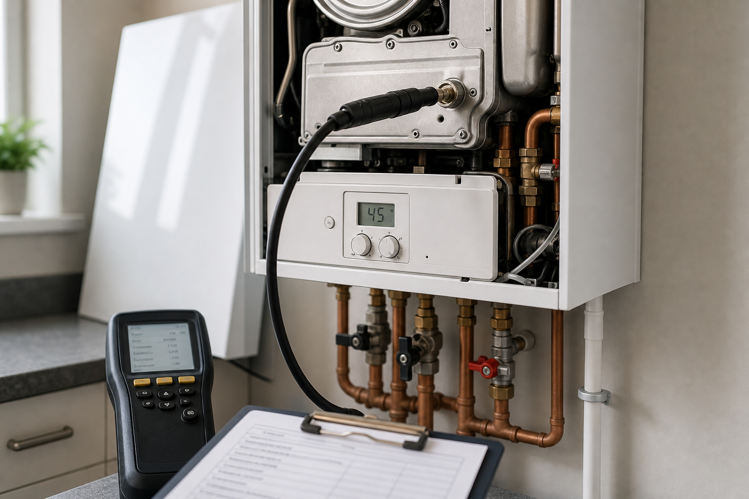 Gas boiler with piping and a digital display showing 45, next to diagnostic equipment and a clipboard on a counter.