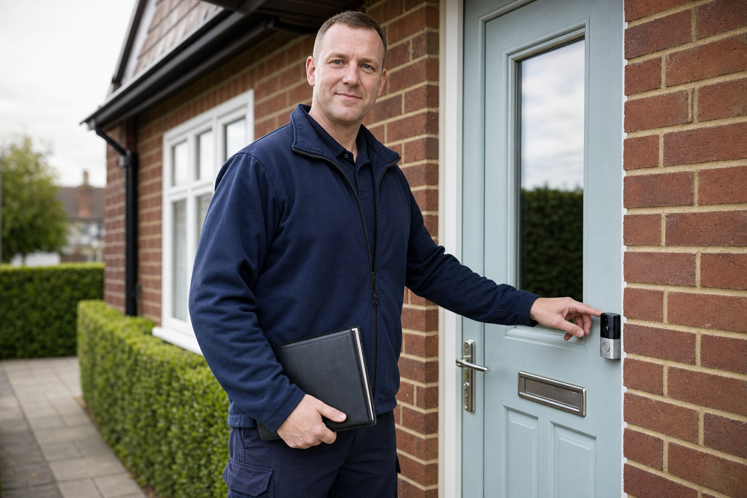 Man in a dark jacket pressing a doorbell camera on a brick house, holding a folder.