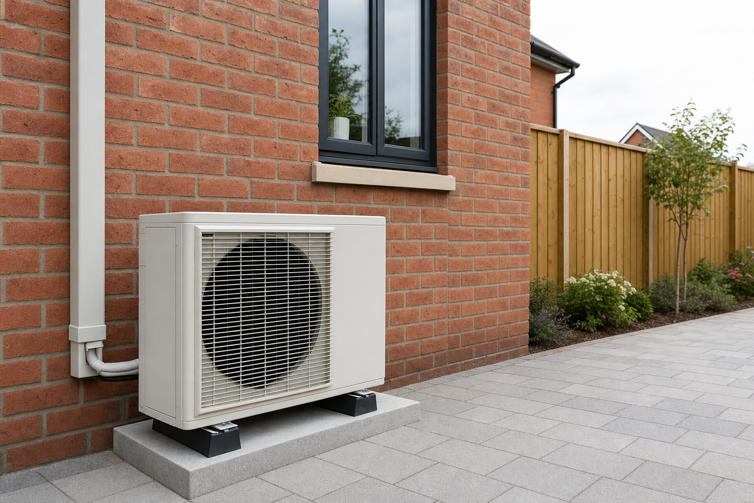An air source heat pump installed on a concrete base outside a brick house next to a wooden fence.