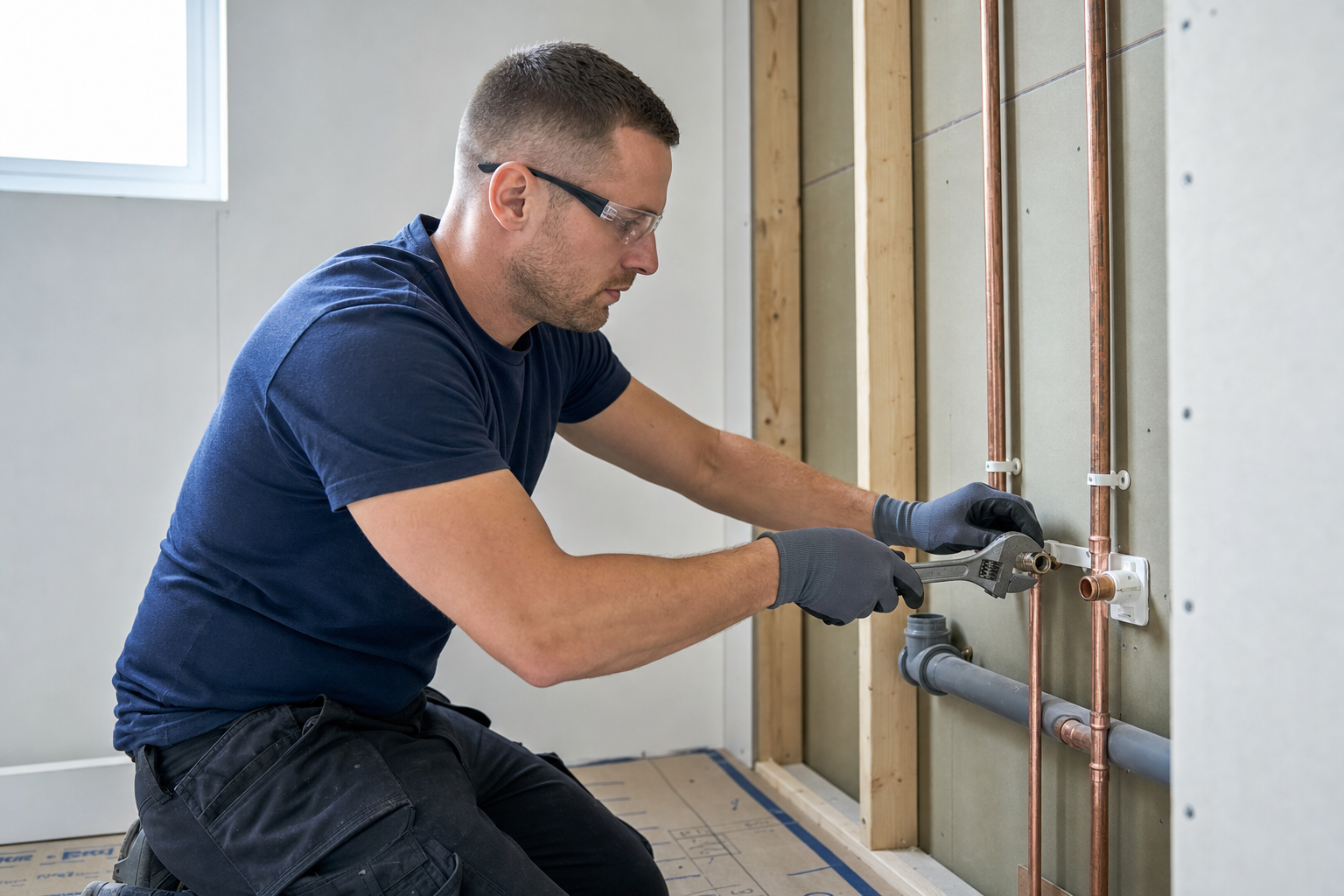 A plumber wearing gloves and safety glasses uses a wrench to work on copper pipes in a partially constructed wall.
