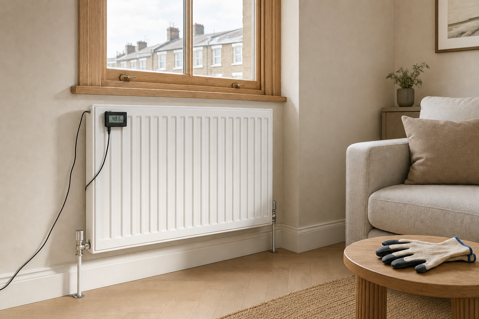 A white radiator with a digital thermometer attached, situated in a cosy room with a window and sofa.