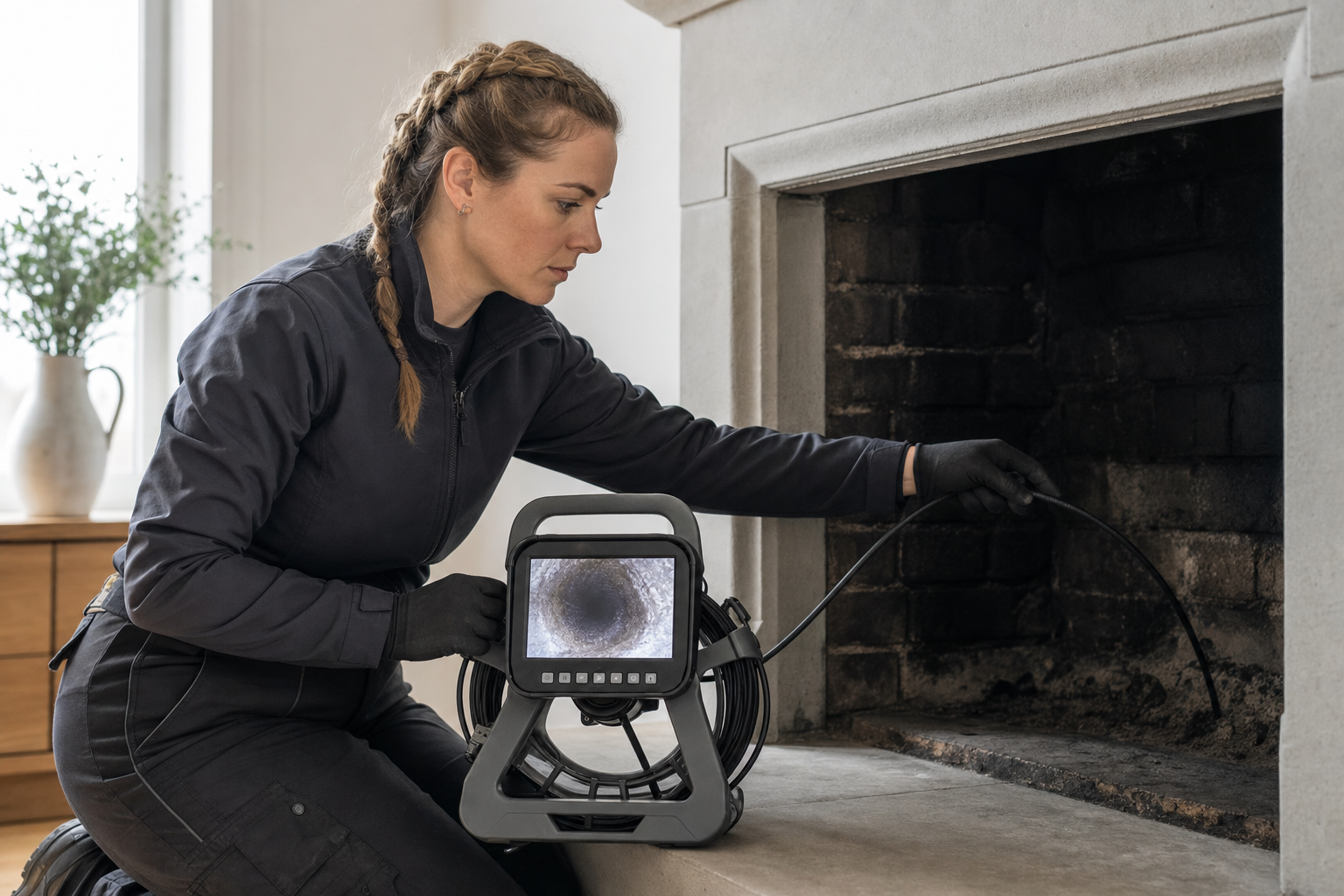 A technician examines a fireplace chimney using a camera inspection device in a living room.
