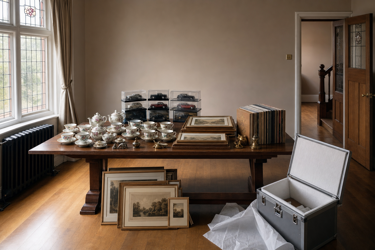 A wooden table displaying a collection of teacups, framed art, model cars, and records in a sunlit room.