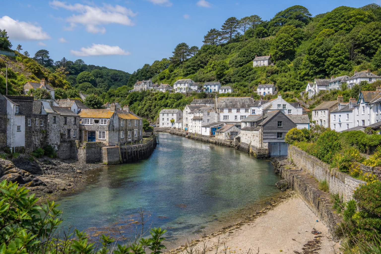 Quaint village with stone cottages lining a narrow waterfront under a bright blue sky.