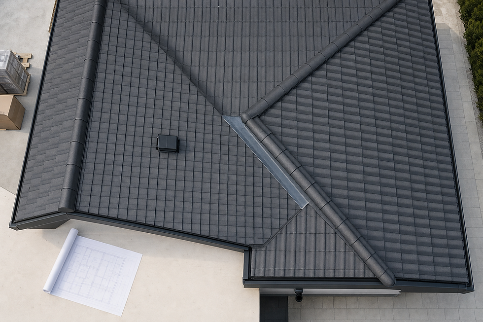 Dark grey tiled roof with architectural blueprints on the ground beside it.