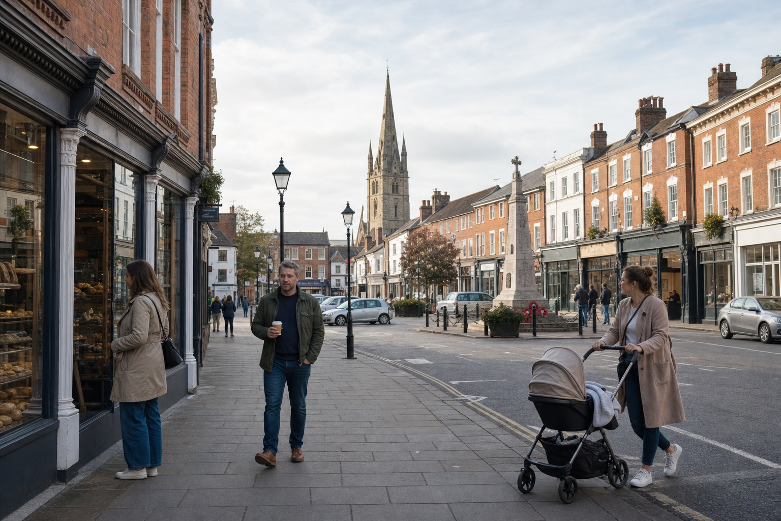 People strolling down a charming street with a church spire in the background and a woman pushing a pram.