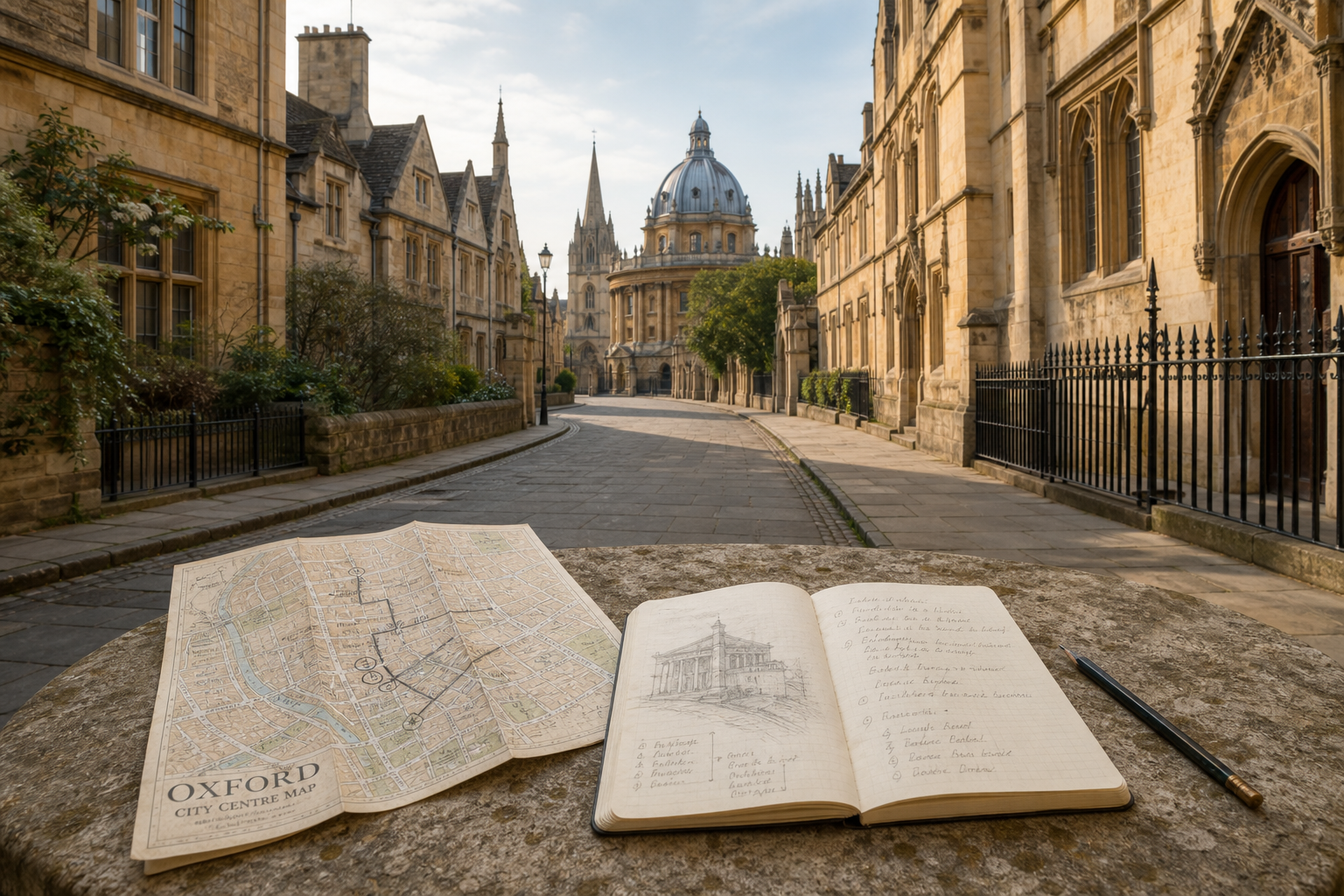 An open sketchbook and map on a stone bench overlook the Radcliffe Camera in Oxford's historic centre.