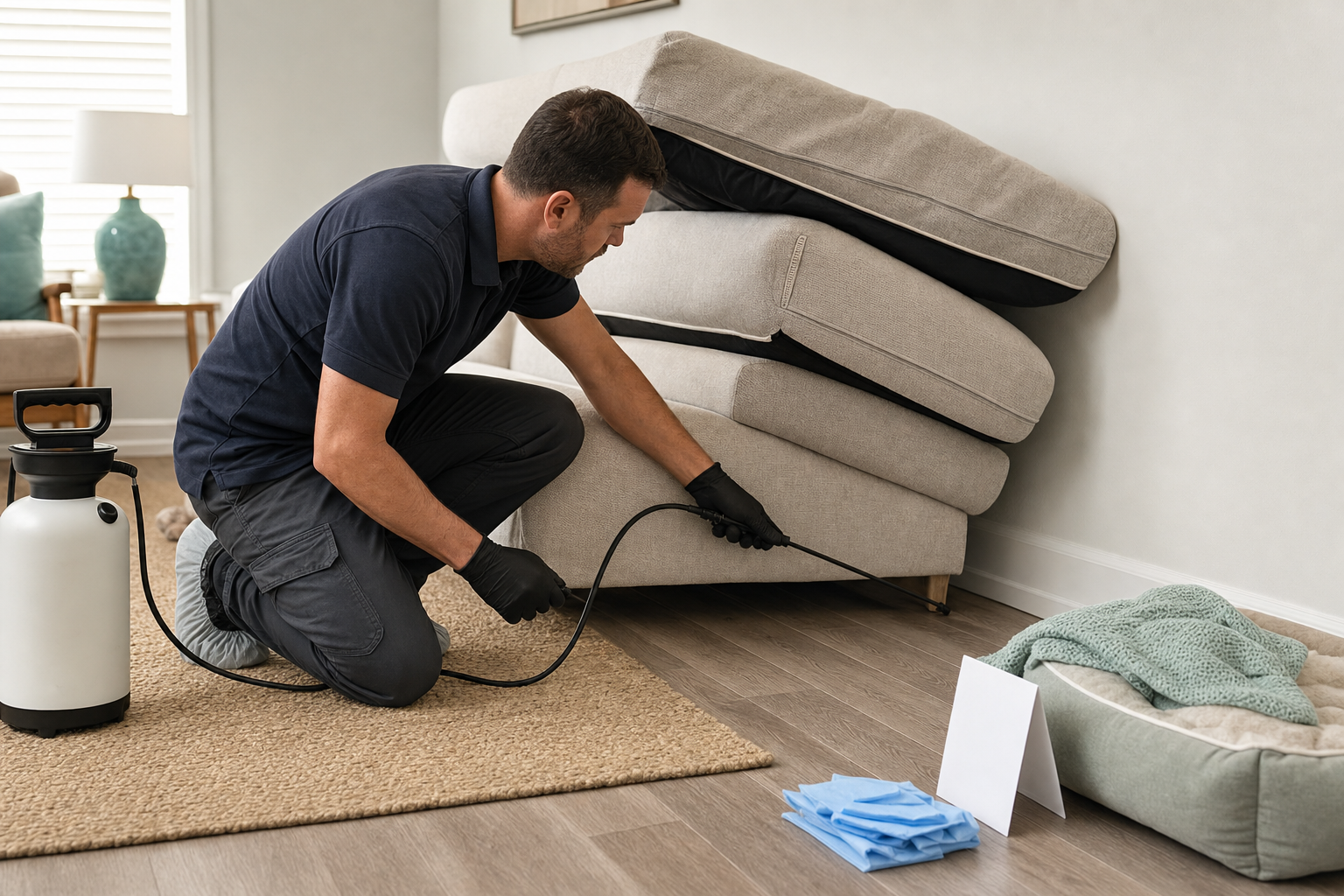 Pest control technician kneeling and using a sprayer to treat a sofa in a living room.